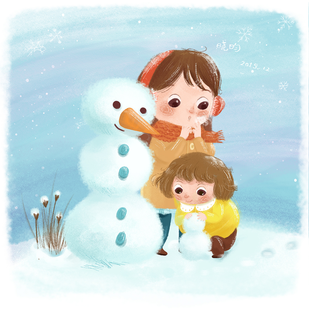 小清新手绘冬天孩子们在户外堆雪人插画图片-千库网