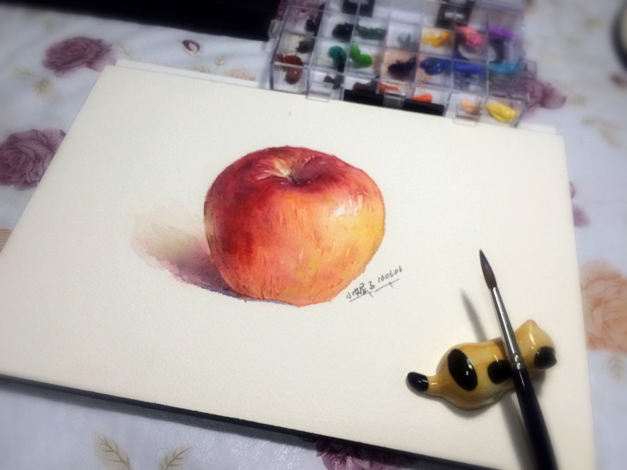 小妮子水彩-苹果|绘画习作|插画|大头妹子 - 原创