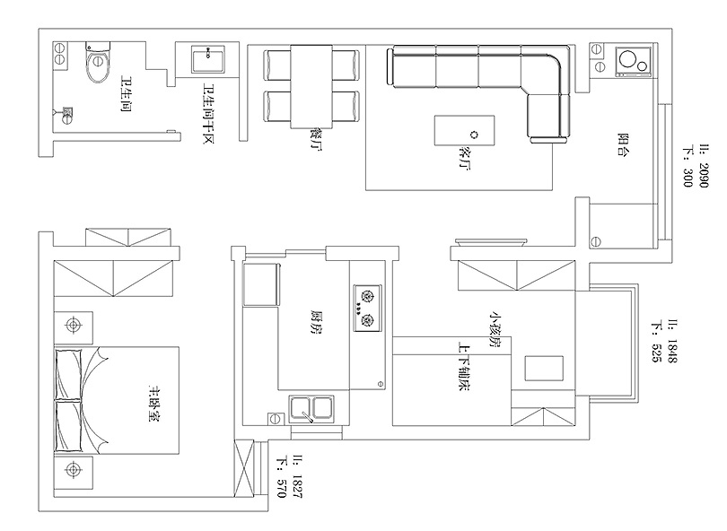 美巢绿地璀璨天城82平两室两厅户型装修设计家具平面图