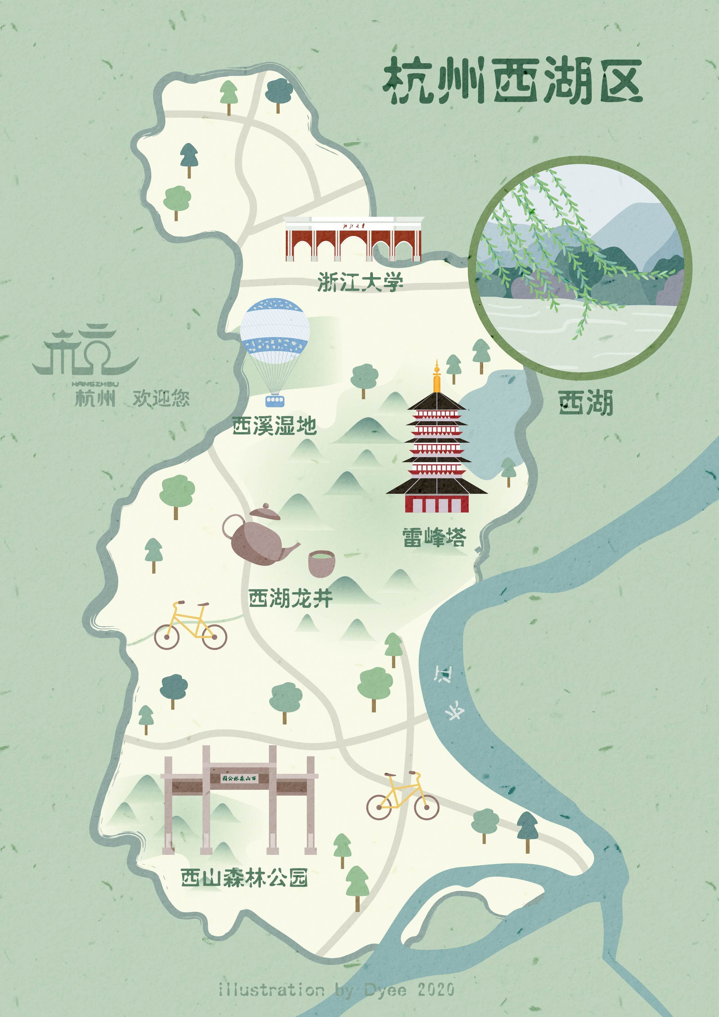 扁平风地图:杭州市西湖区