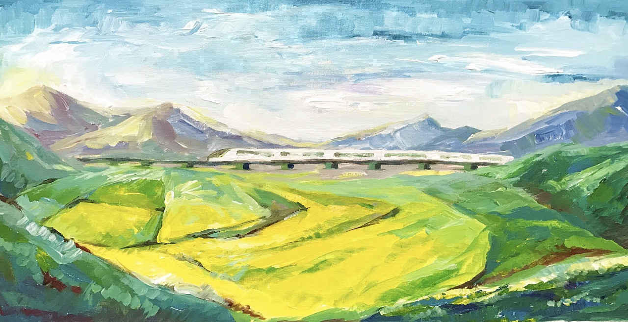 开往春天的列车(丙烯画)