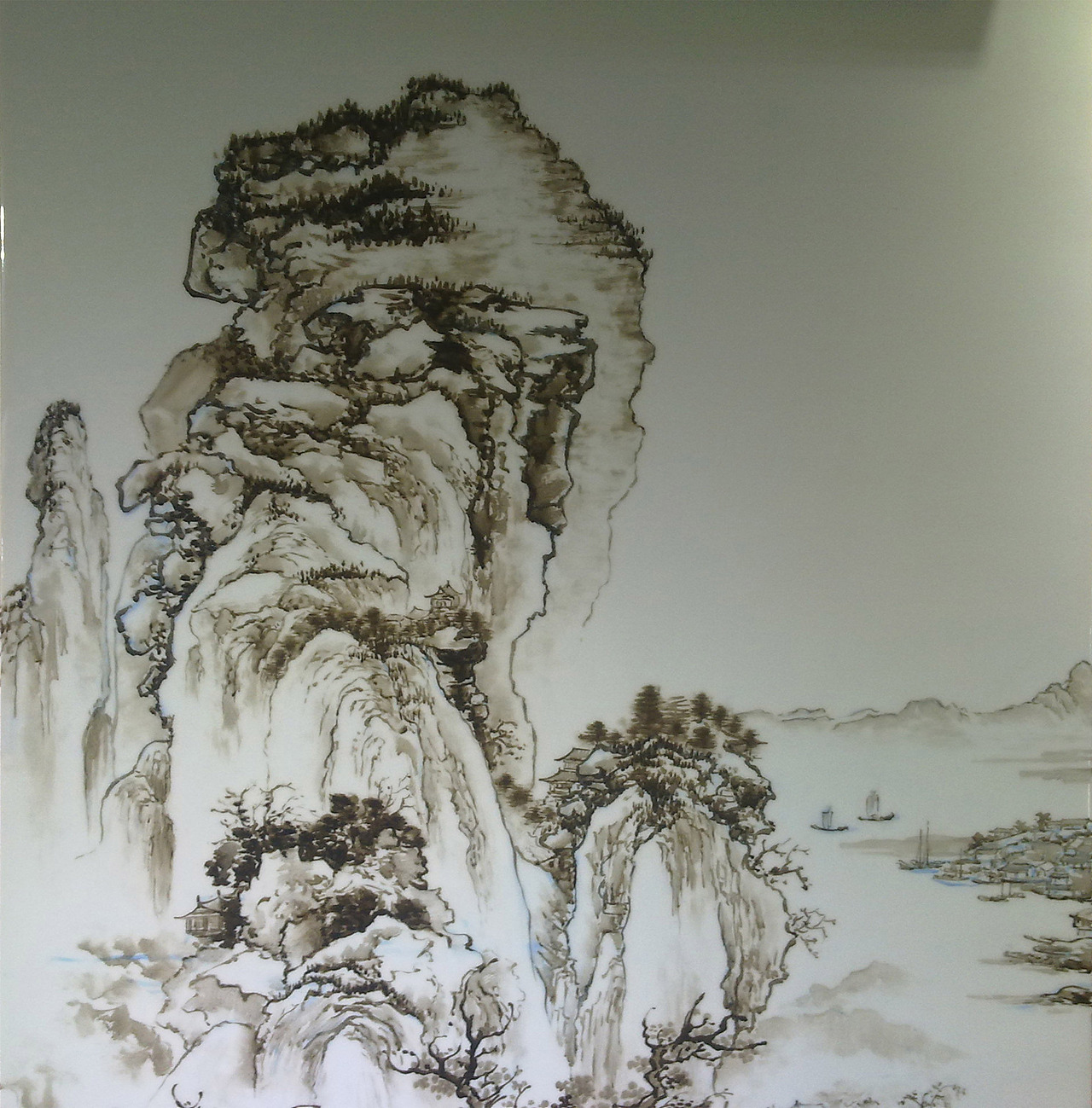 《烟江远眺图》--粉彩瓷板画