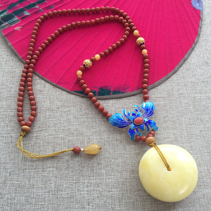 浅爱珠宝白花蜜蜡平安扣南红项链|首饰|手工艺