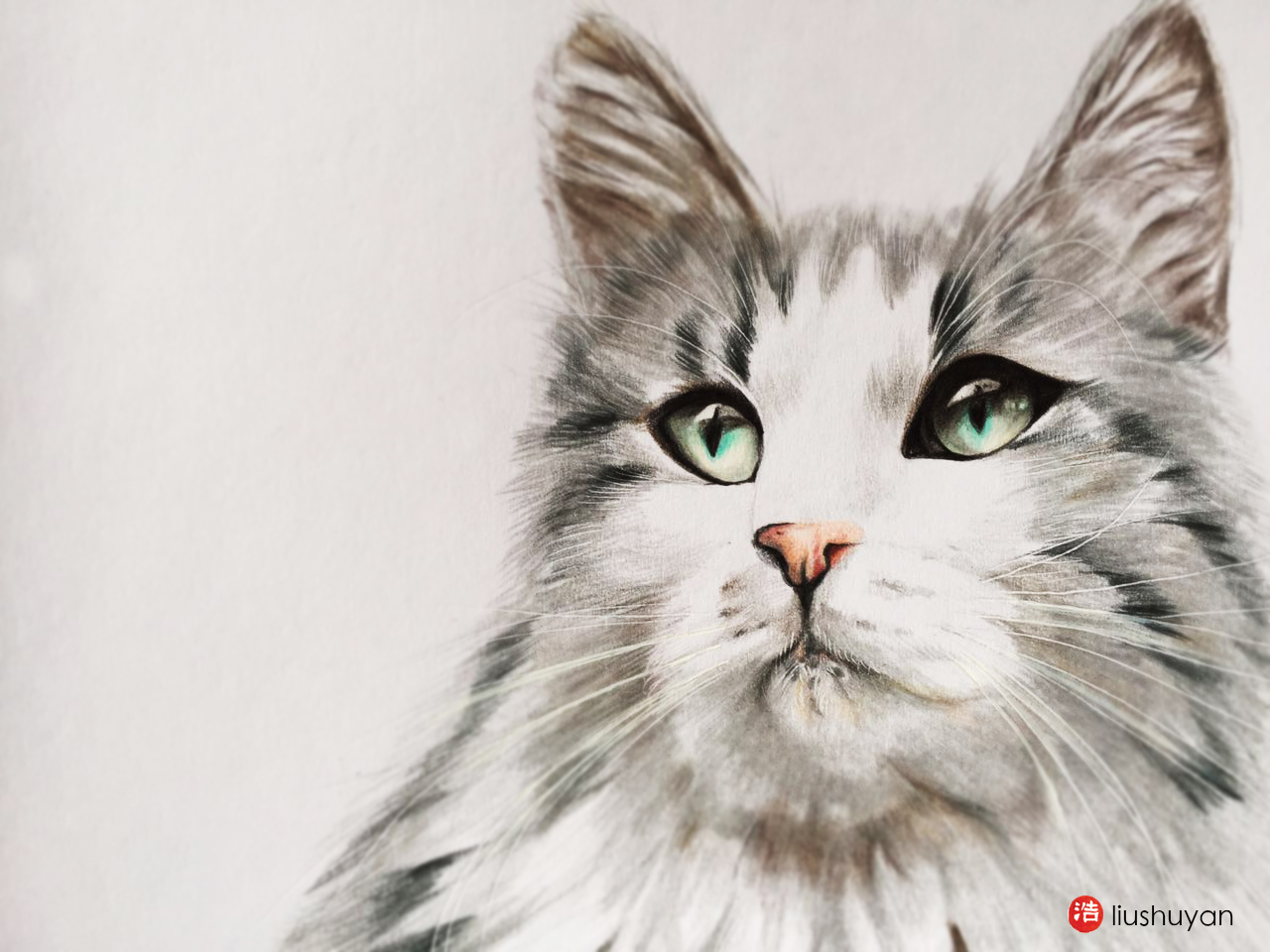 彩铅绘画作品家有萌宠,猫咪定制肖像。 一刻不停的画,好像画晕了.....,画完签好名,扫描好才发现..日期写错了。 我的天啊!我竟然比别人多过了一个礼拜。懒得改了,迫不及待的发布这只猫咪。 第一次画猫,小时候就听说猫的各种传说,能通灵,能穿越阴阳两界,有九条命等... 希望这只猫能带给我好运。 以下是绘画过程和成品。