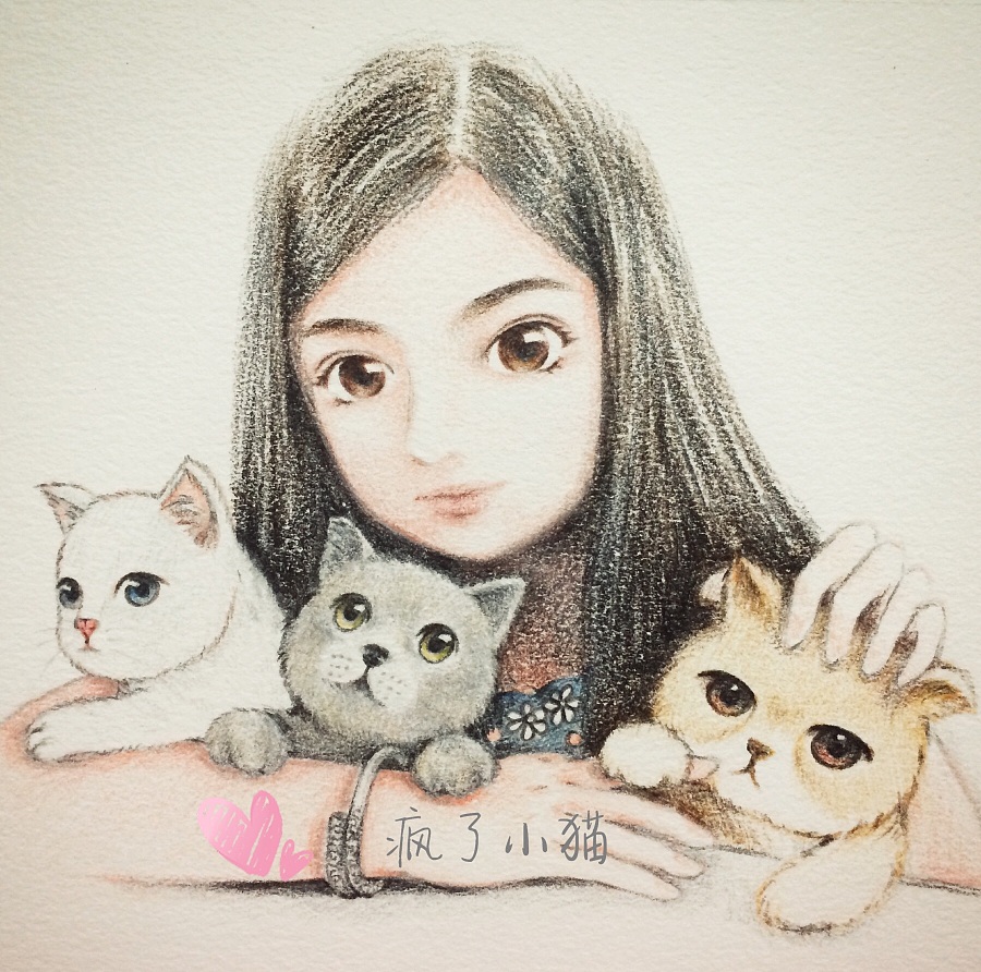 彩铅手绘 漫画女孩与猫猫们|插画|商业插画|疯了小猫