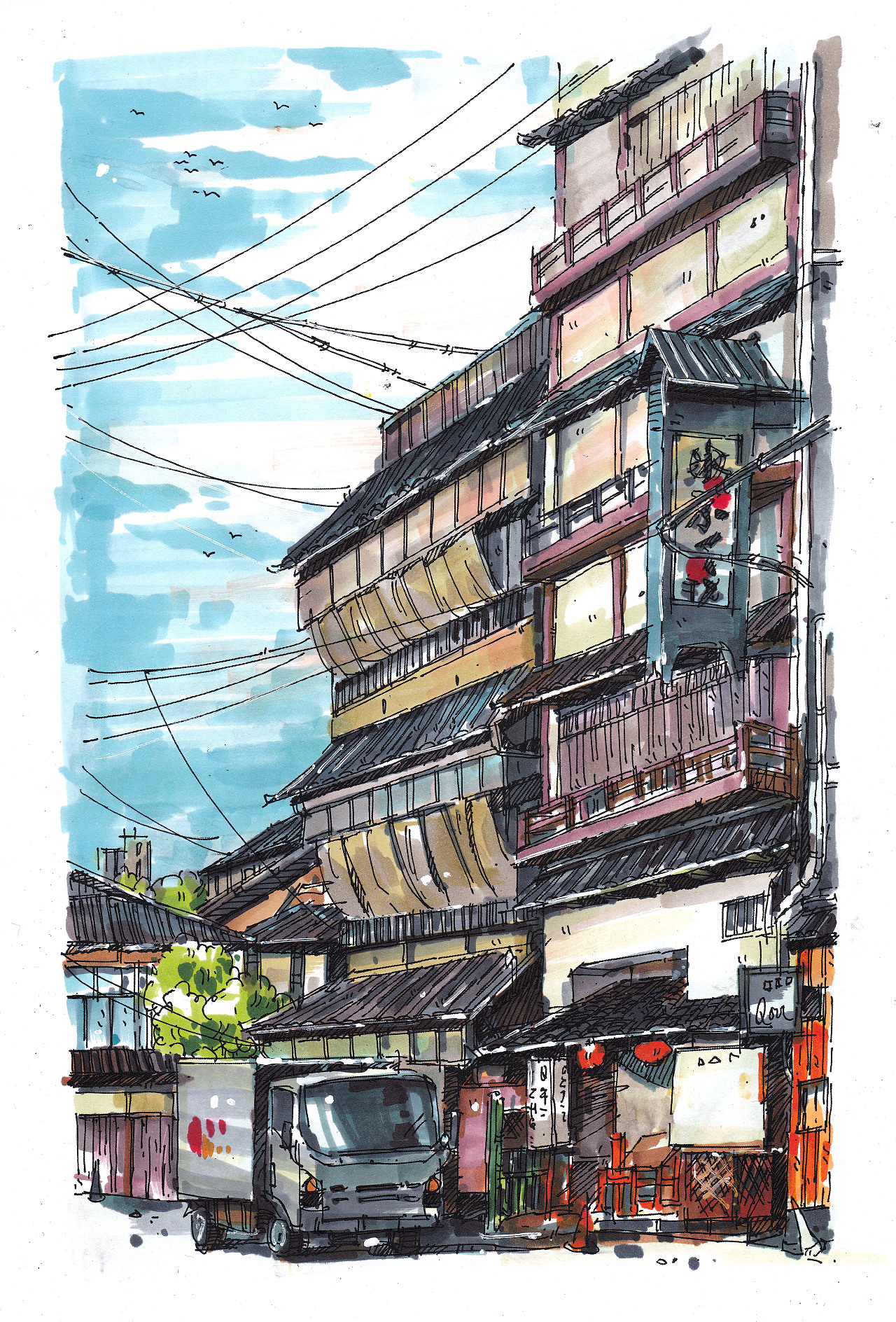 马克笔风景手绘日本街景