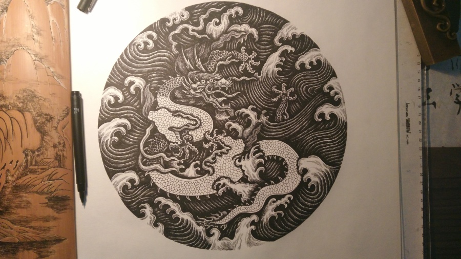 蛟龙出海钢笔画|绘画习作|插画|1871598401 - 原