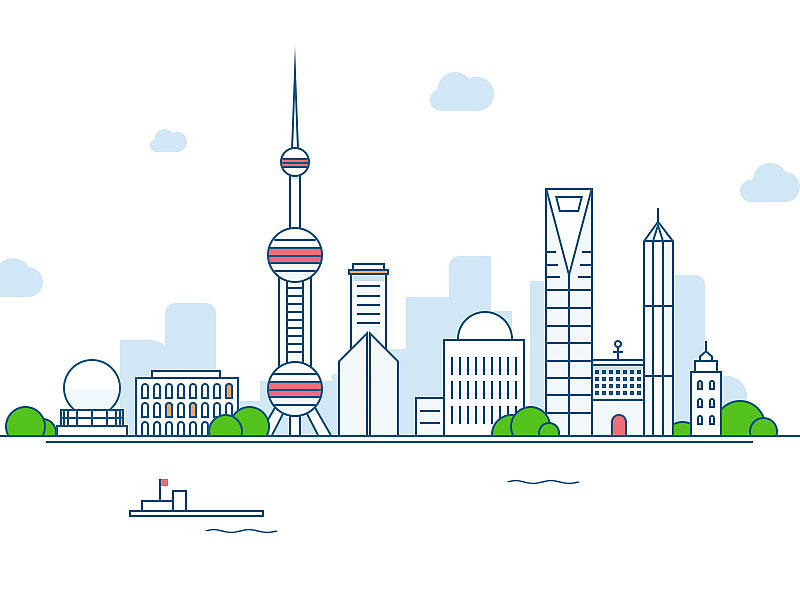 参考了国外设计师的这种简介线条建筑的风格设计了上海外滩建筑风景