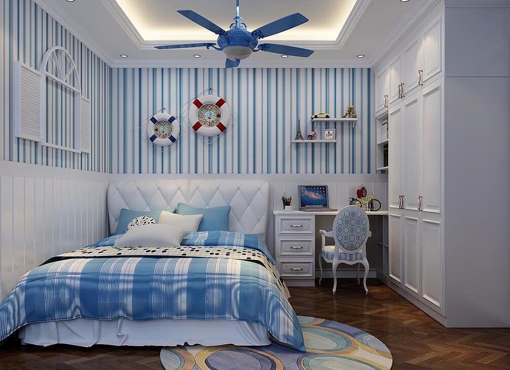 10㎡地中海风格儿童房设计效果图,衣柜和书桌转角一体