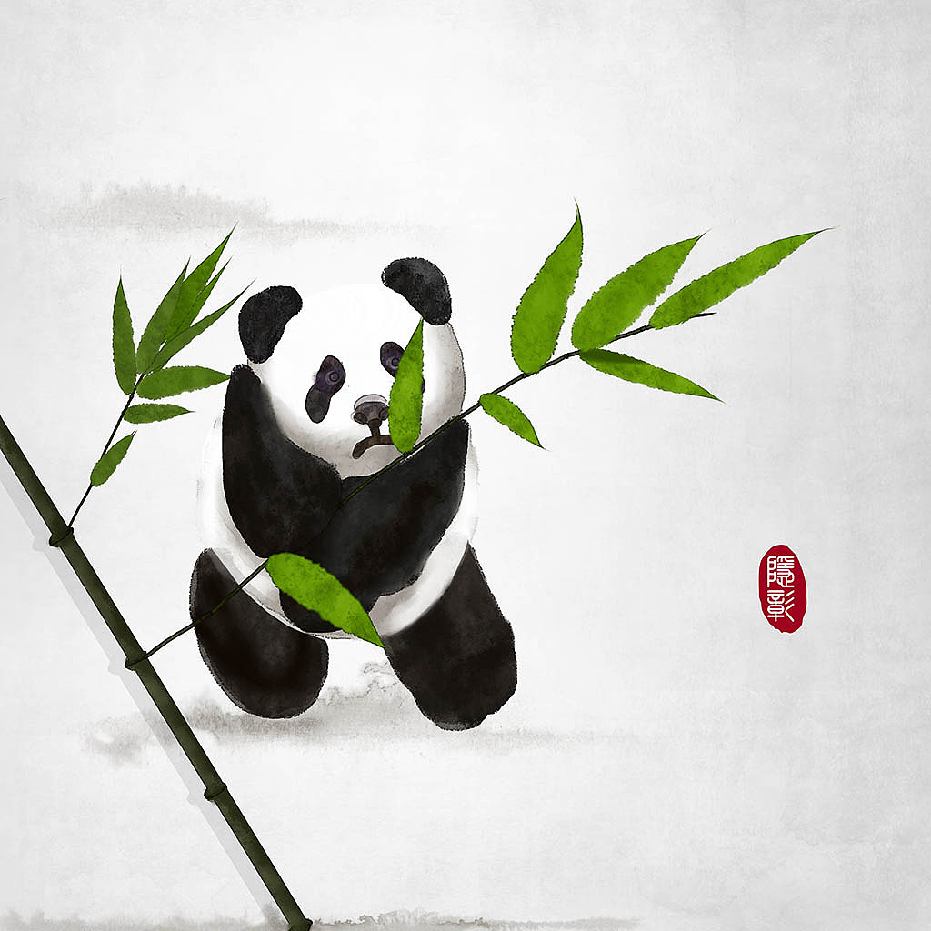 竹叶熊猫意境24节气水墨画中式中国风古风插画