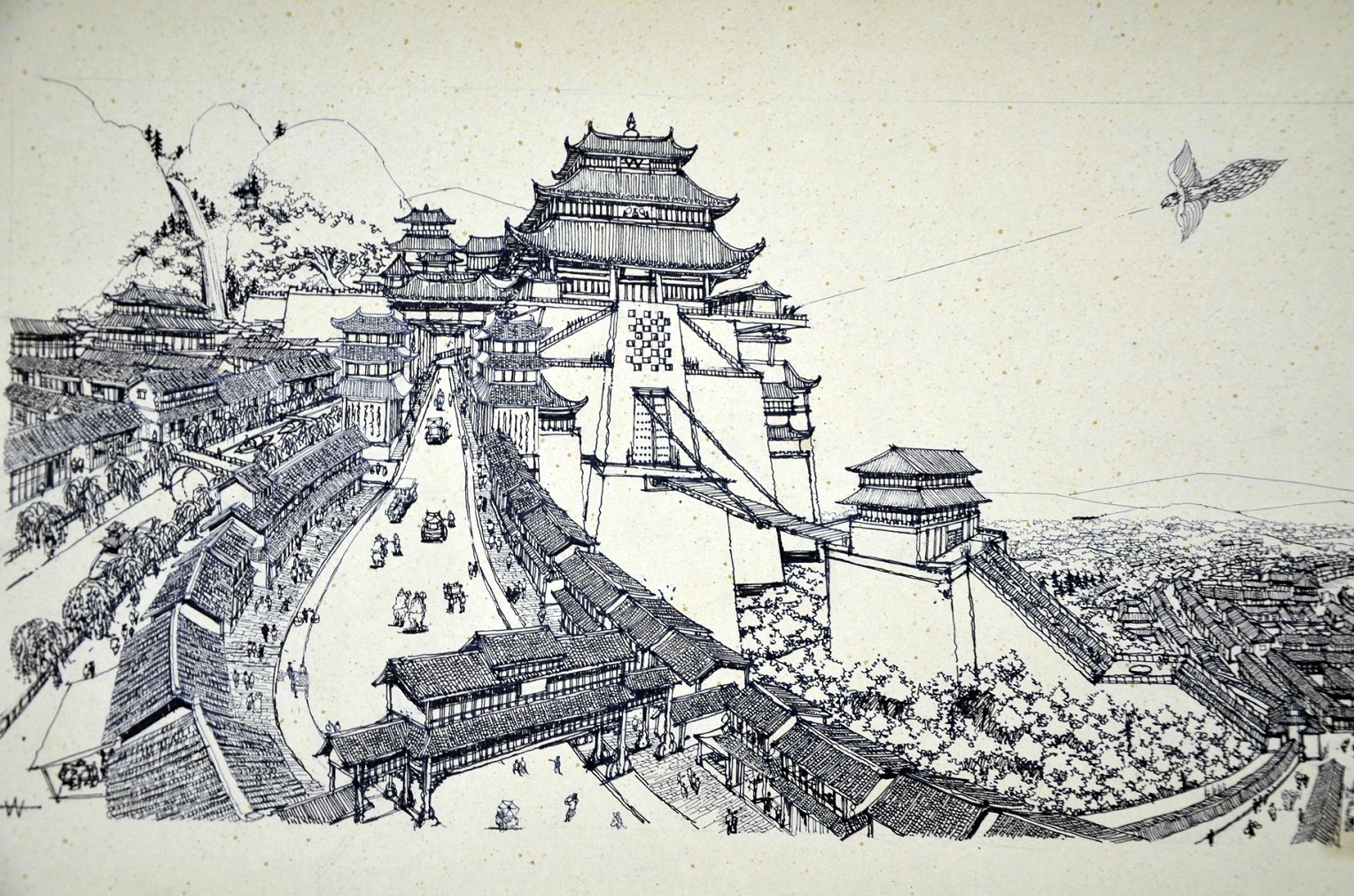 李万海原创手绘古风横幅大场景线稿局部1