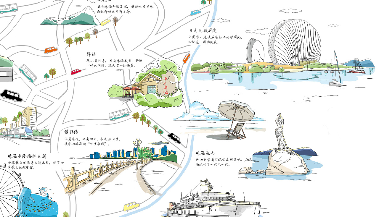 珠海海滨生活手绘地图|插画|商业插画|zhangwenman - 原创作品 - 站酷 (ZCOOL)