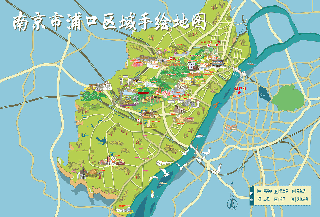 中国江苏省南京浦口区全域手绘地图绘制