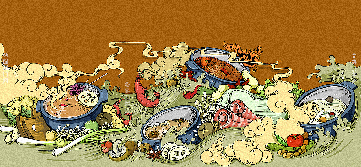 针对四种口味的火锅汤汁设计的墙绘插画.版权所有,用图请联系本人.