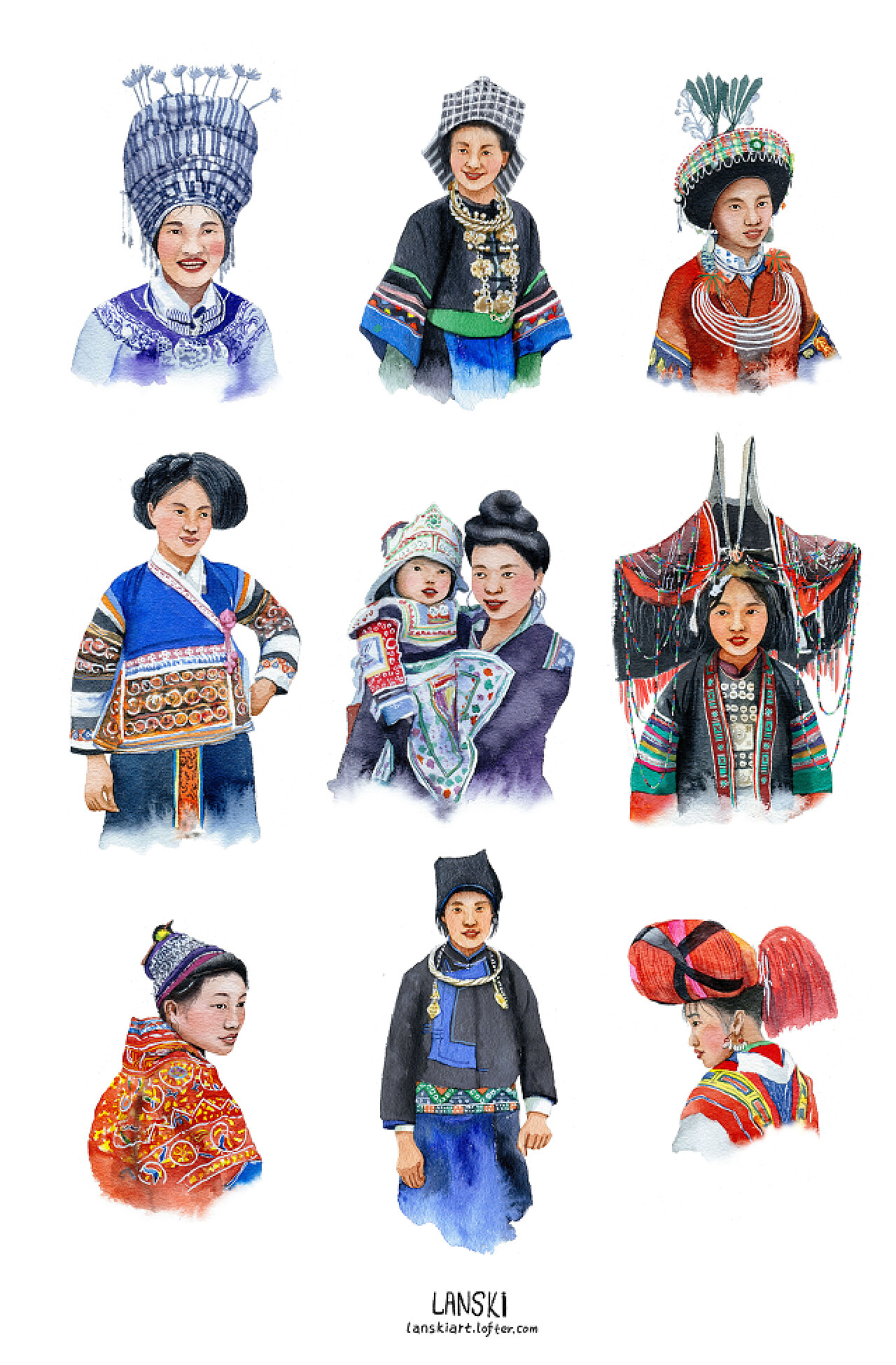 水彩-贵州少数民族服饰|纯艺术|绘画|lanskidesign 原创作品 站酷