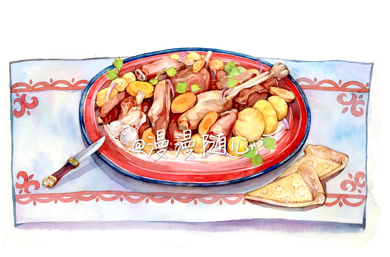 商稿--哈萨克族美食-水彩手绘