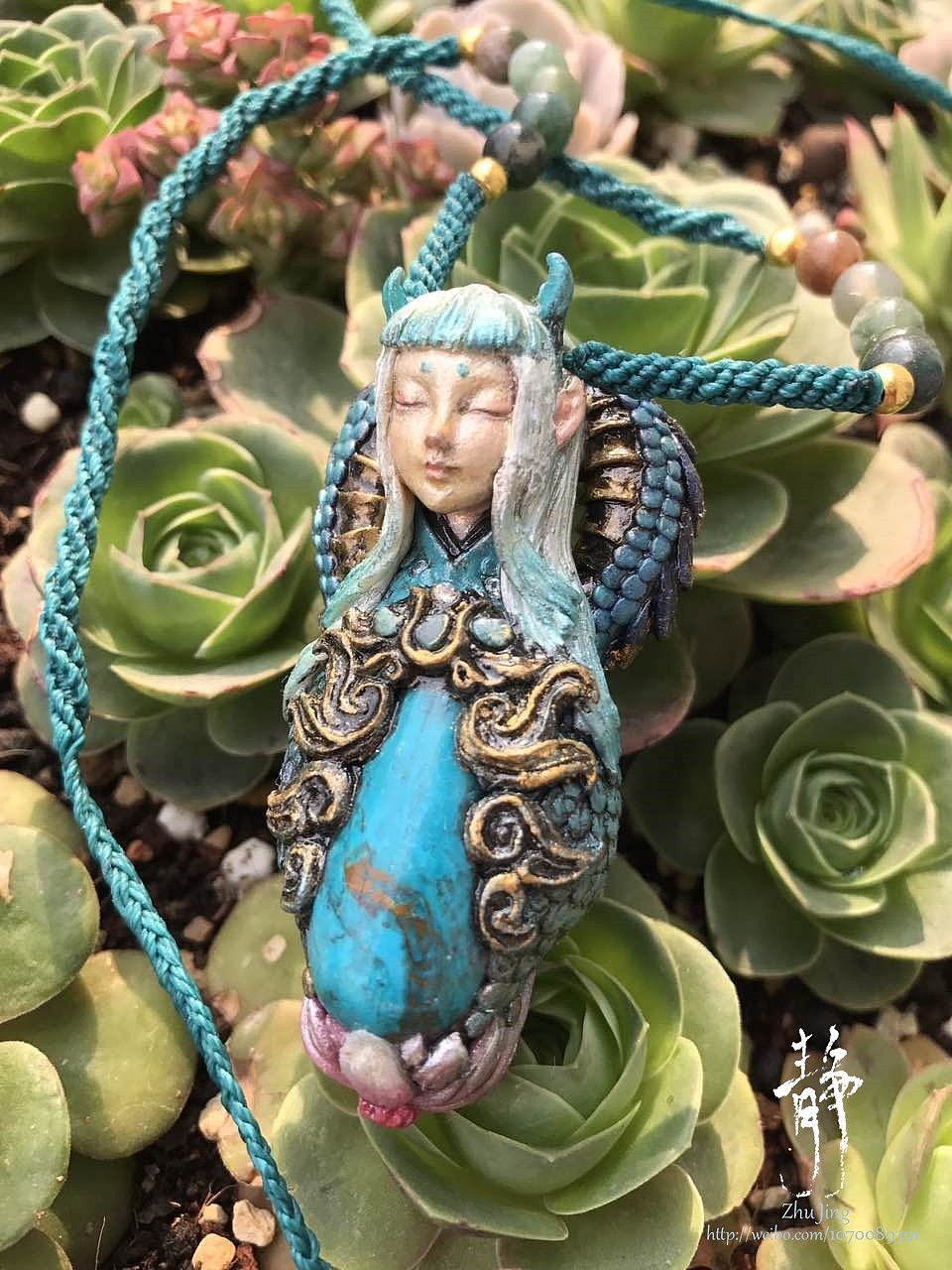 原创手工软陶制作 青龙女1-凤凰石吊坠项坠|手