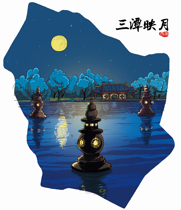 游手绘卡通 杭州西湖十景 地图绘画 卡通人物地