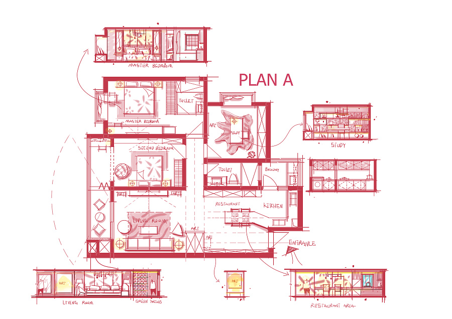 【耀设计】做的一些SKB手绘平面方案(2月集锦