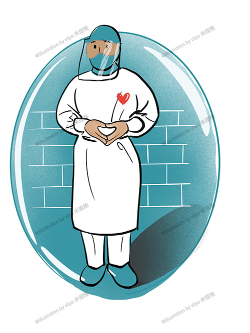 疫情之医务人员穿防护服做爱心和加油手势插画