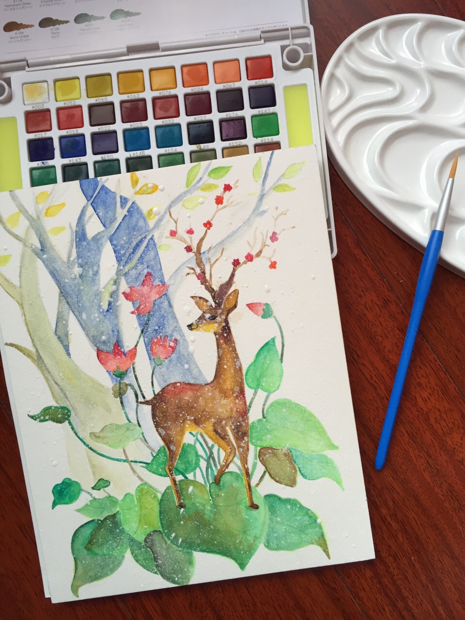 水彩画练习-深林中的小鹿