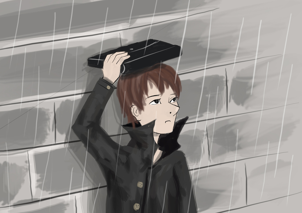雨开始大了起来,他跑到街旁的屋檐下继续避雨,看着形色冲冲的人