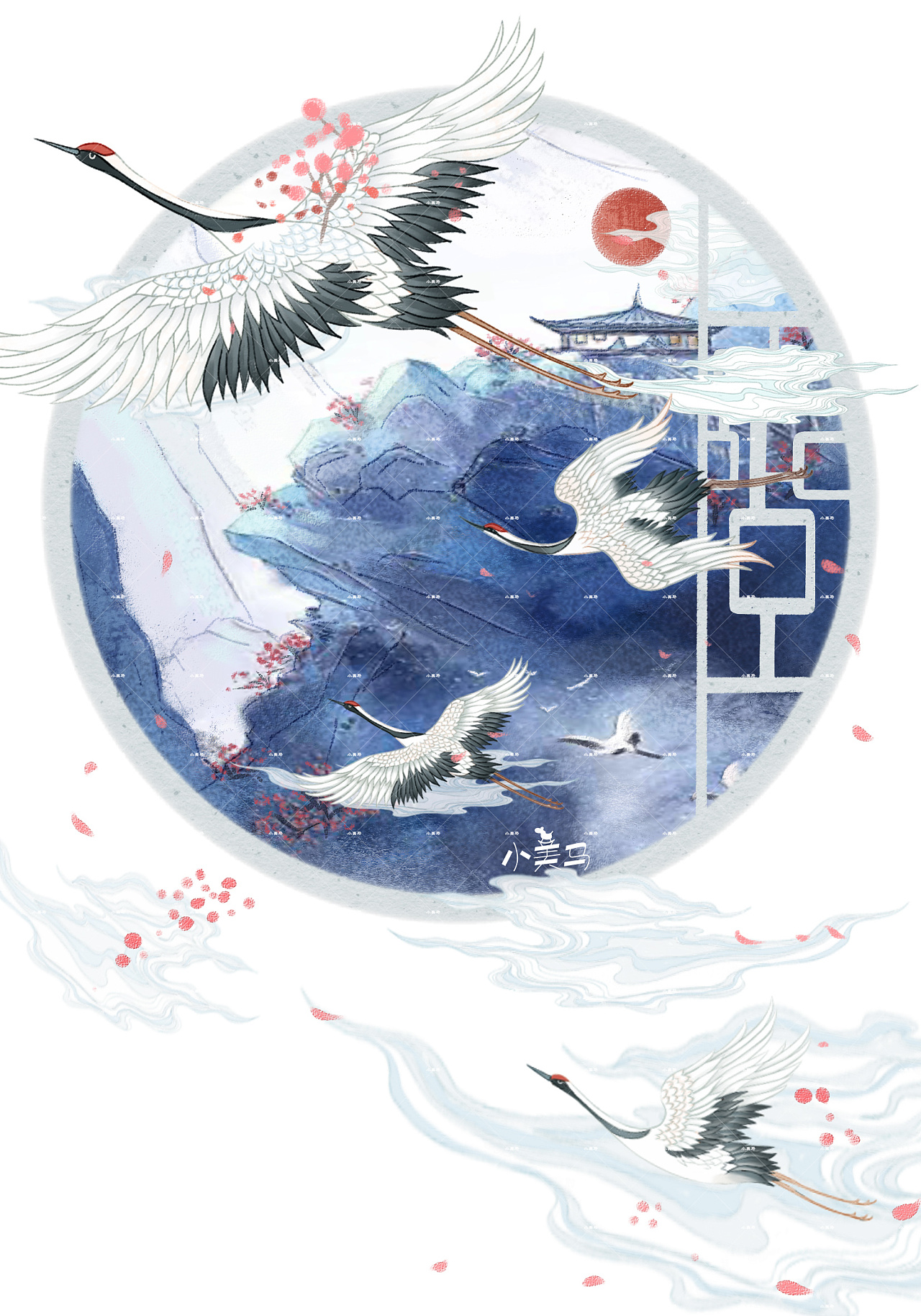 以来仙鹤这么受宠一套笔记本封面图来分享一弹古风仙鹤系列插画杭州