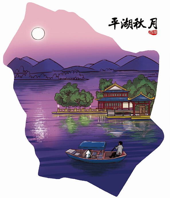杭州西湖十景旅游手绘卡通绘画策划风景区园林插画地图