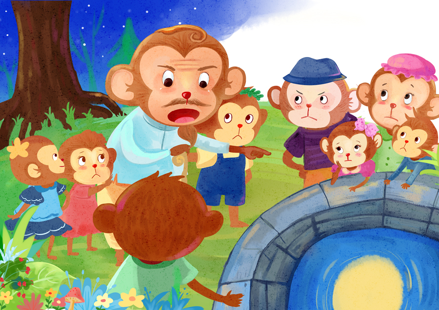猴子捞月|儿童插画|插画|积极向上的名字 - 原创