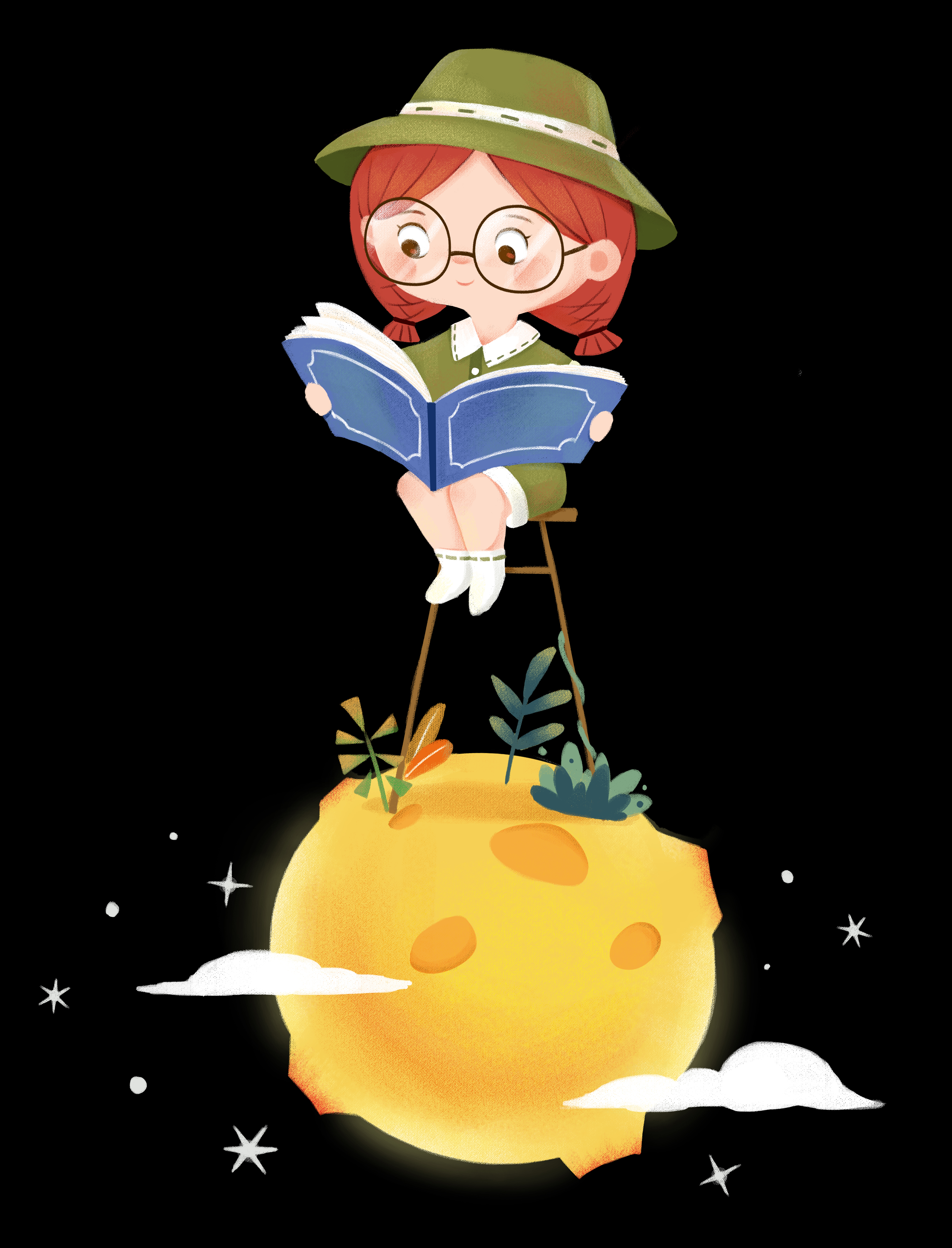 绘画练习-月球上看书的小女孩