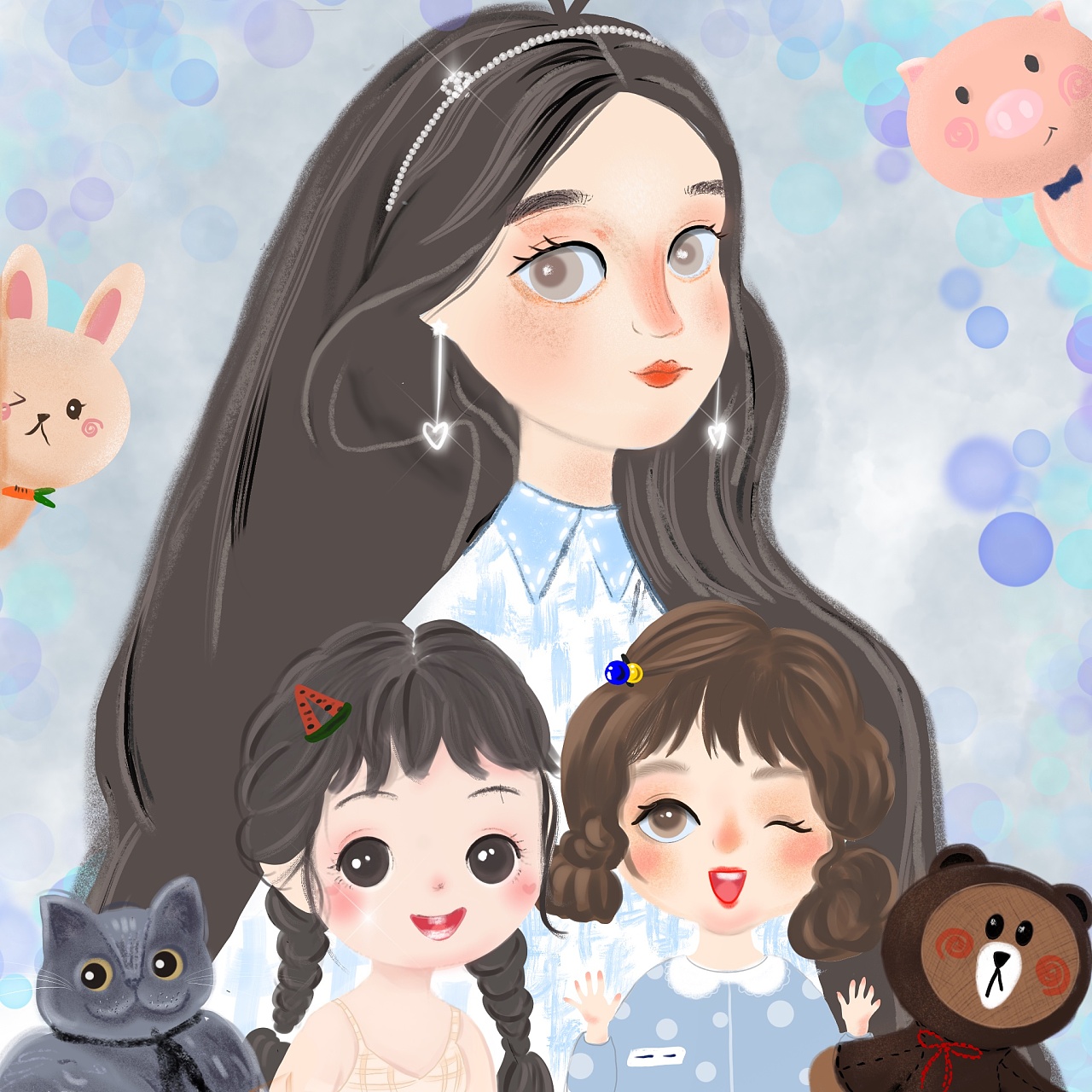 母女三人头像手绘