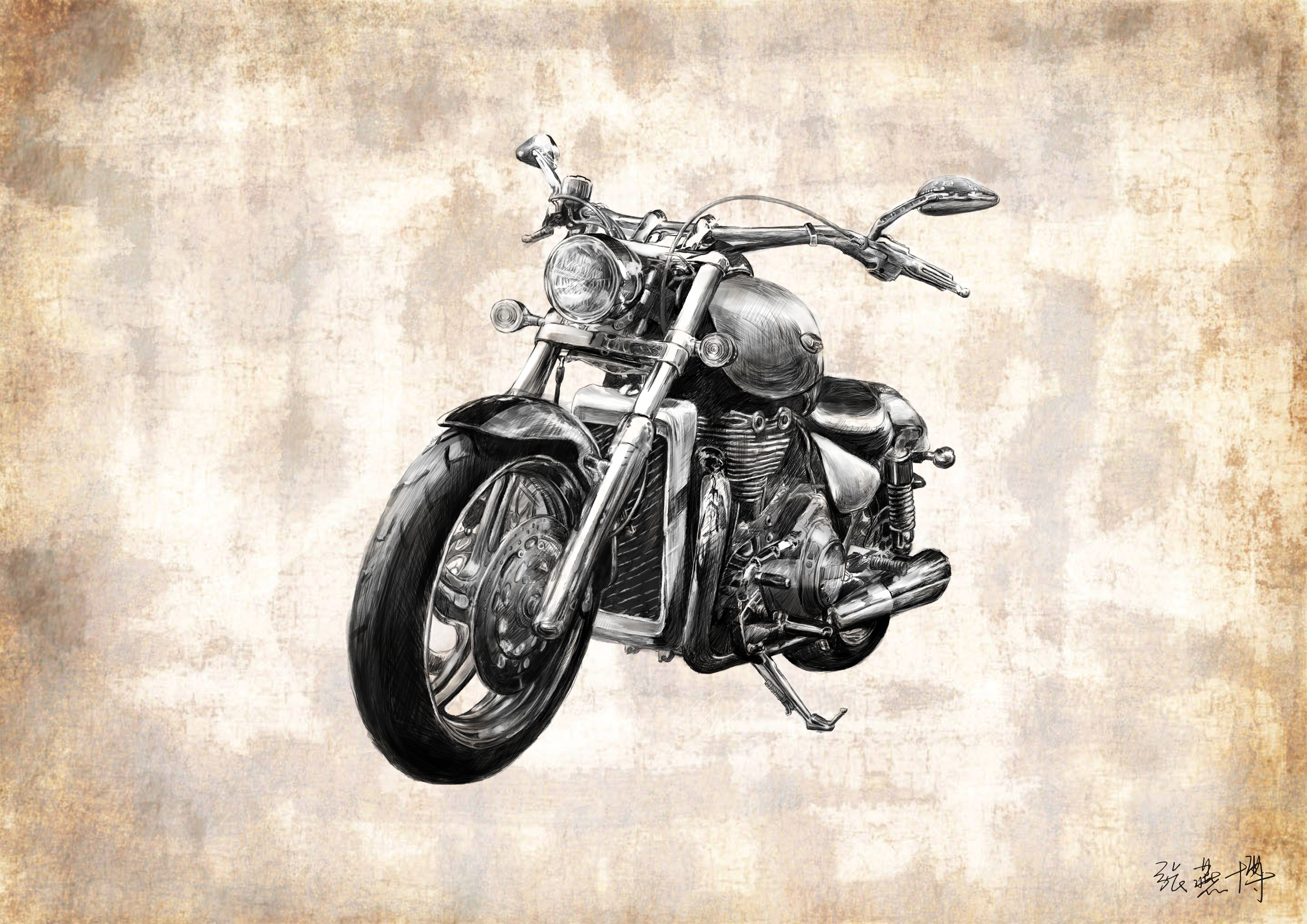 根据照片用手绘板画的素描摩托车,画细节的