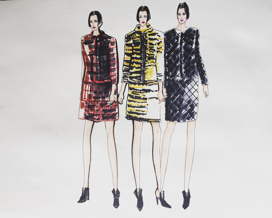 马克笔服装手绘。香奈儿秋冬套装系列,动物元