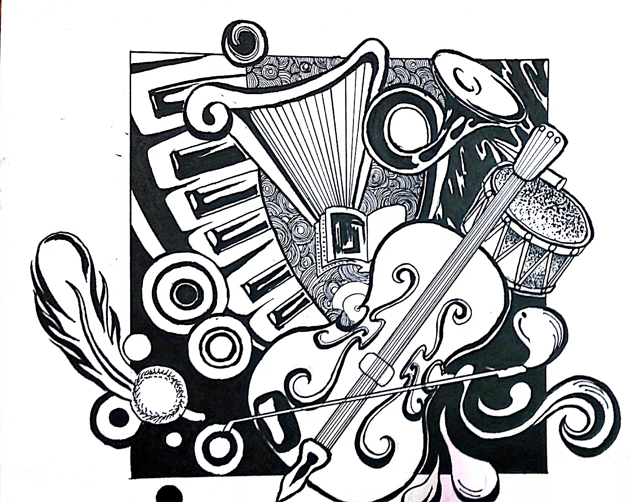 【老作品】高中时-乐器组合黑白装饰画