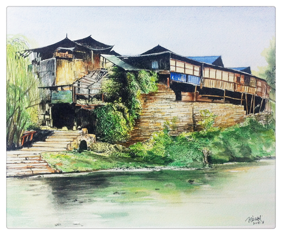 乡村系列 《河边的吊脚楼》 钢笔淡彩|纯艺术|钢笔画|一生梦里 - 原创作品 - 站酷 (ZCOOL)