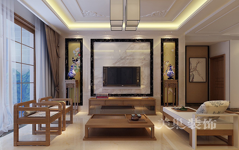 郑州升龙城141平三室两厅新中式风格案例装修效果图