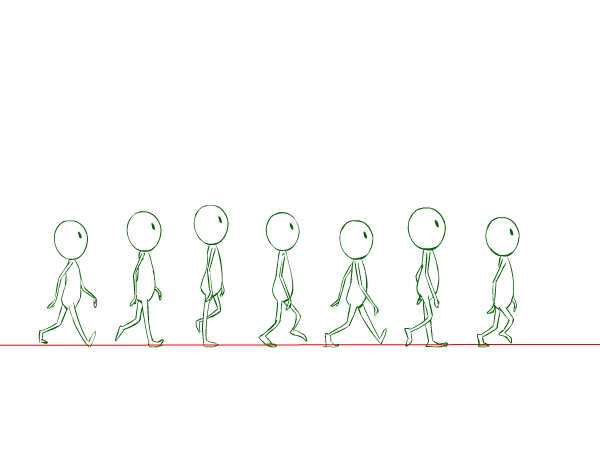 作为一个步行周期,当我做动画的时候我喜欢给每个脚步画一个辅助线,以