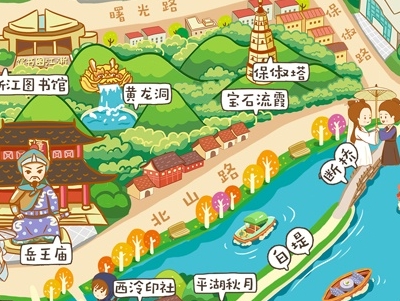 q版卡通杭州手绘旅游攻略地图