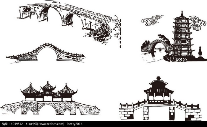 拱桥和中国古典建筑物剪影