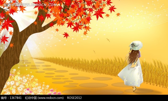 秋天草地上女孩背影和枫树插画图片