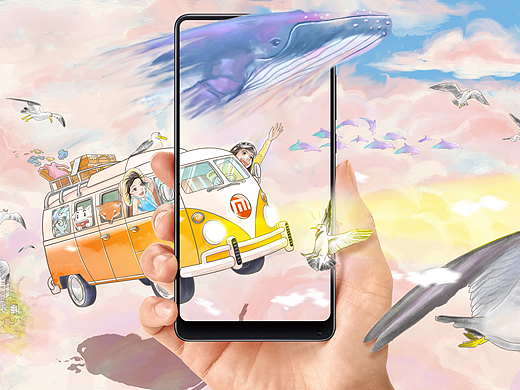 小米MIX2插画海报设计：全面屏-“视界”更宽广