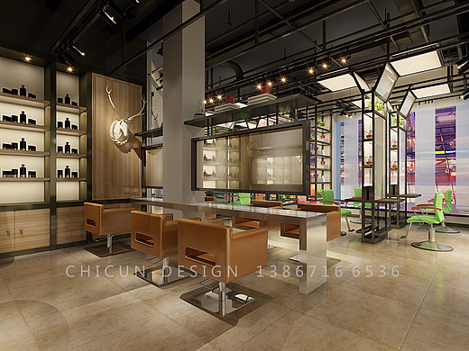 尺寸设计|美度美业理发店美容院设计 现代工业风效果图