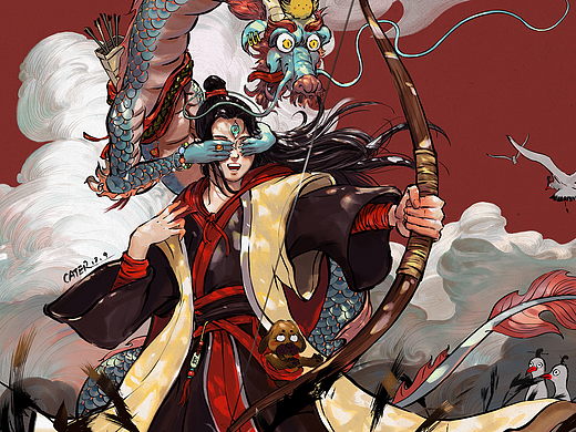 腰挎弹弓新月样，手执三尖两刃枪。-杨戬