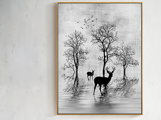 新中式装饰画-创意黑白意境麋鹿插画装饰画