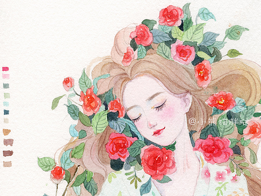 【小熊猫】少女与山茶花 水彩手绘人物水彩插画教程
