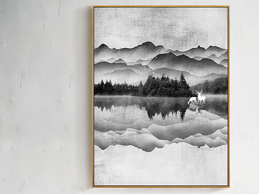 新中式装饰画-创意黑白意境风景山水麋鹿装饰画插画