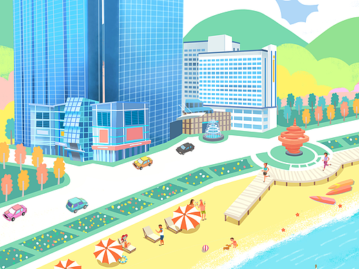 海边建筑插画 青岛香格里拉酒店插画海报动图