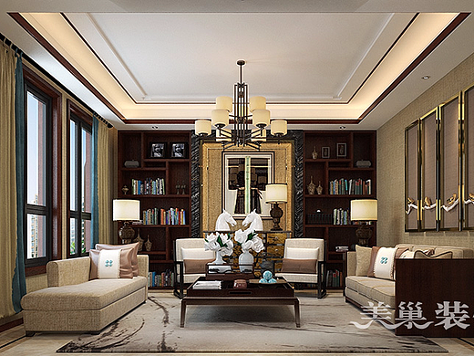 海马公园190平三室两厅新中式风格样板间装修