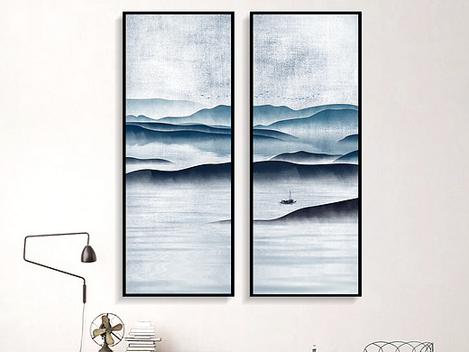 新中式装饰画-写意水墨山水画风景双联装饰画