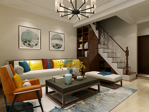 泰安泰山原著120平复式新中式装修效果图案例-宋洪超